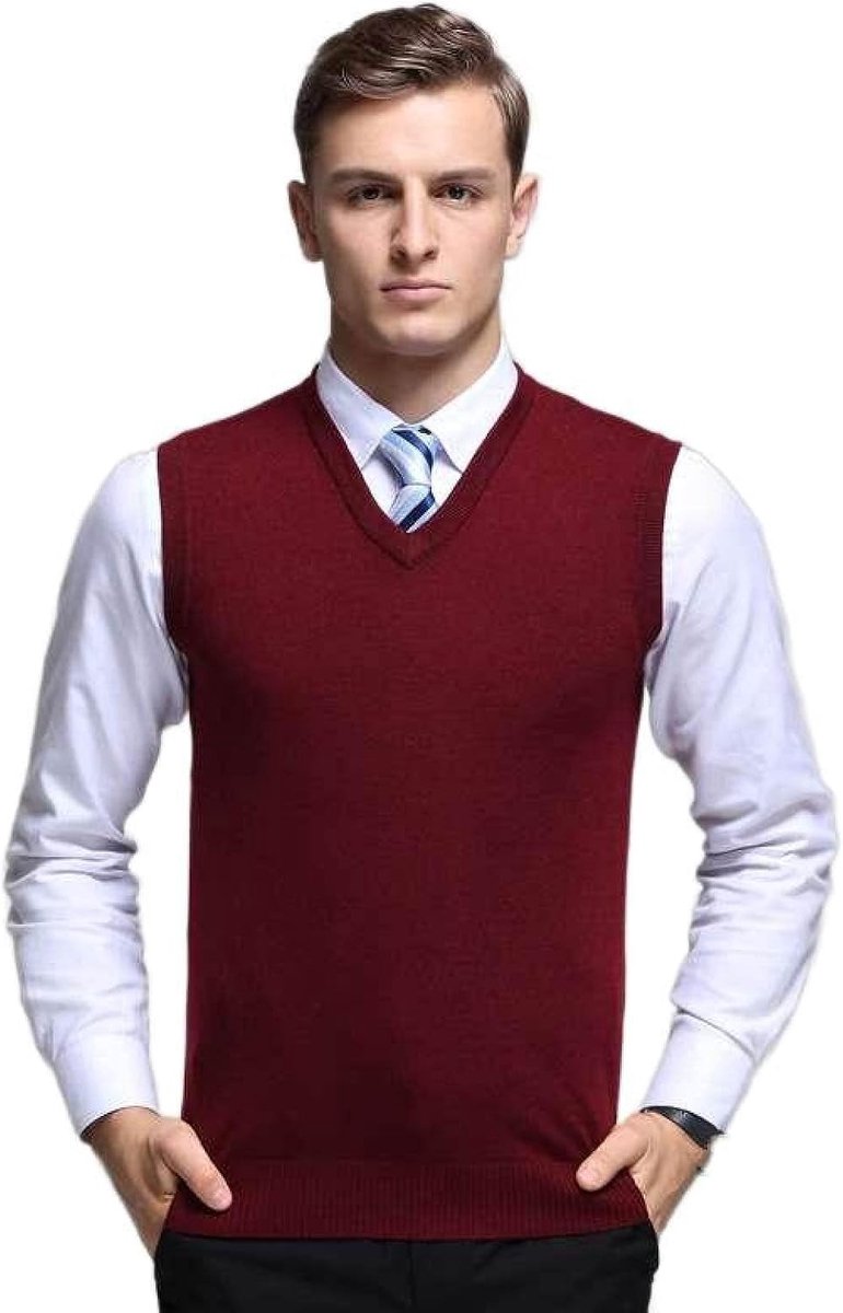 Herenvest In Effen Kleur, Klassiek Gebreid Vest Met V-Hals, Kasjmiervest Voor Heren, Pullover-Sweater, Zakelijk Herengebreide Gebreide Vest-Sweater-Tanktops,Wijnrood,S