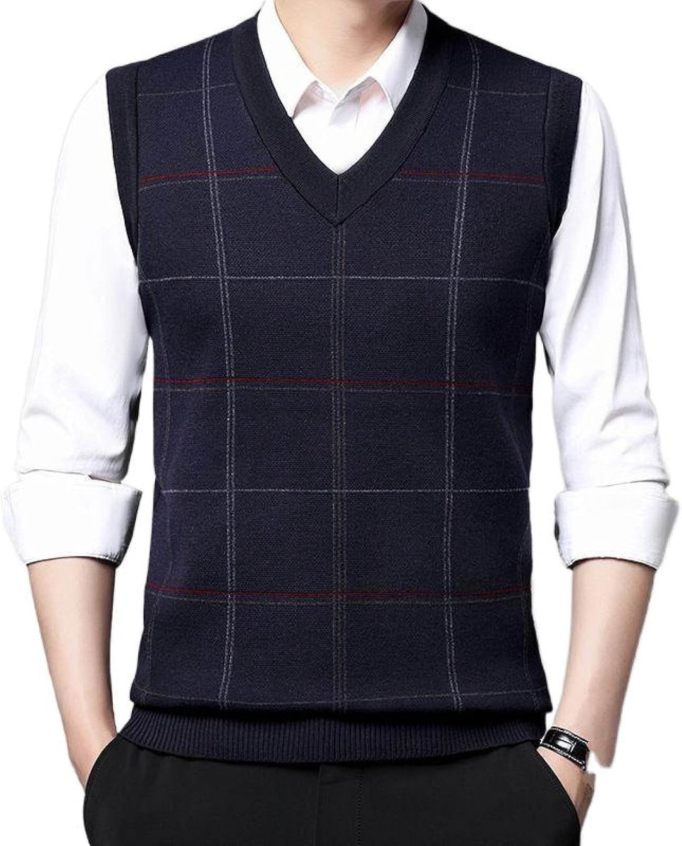 Jeugd Heren Vest Met V-Hals, Klassiek Slank Mouwloos Truitje Kleurcontrast Jacquard Vest, Casual Geruite Print Business Gentleman Knitwear Gebreid Vest Sweater Tank Tops,Marineblauw,S