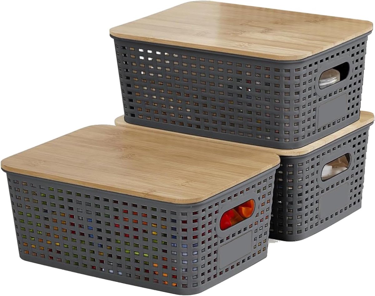 Set van 3 opbergdozen met bamboedeksel, opbergcontainers, kunststof manden met handvat, stapelbare opbergdozen voor badkamer, keuken, slaapkamer, bureau, 25 x 18 x 10 cm (grijs)