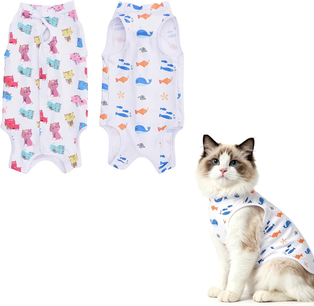 Herstelpak voor katten, wit, polyester, schattige dierenprint, 2-pack, huisdierkleding na chirurgie