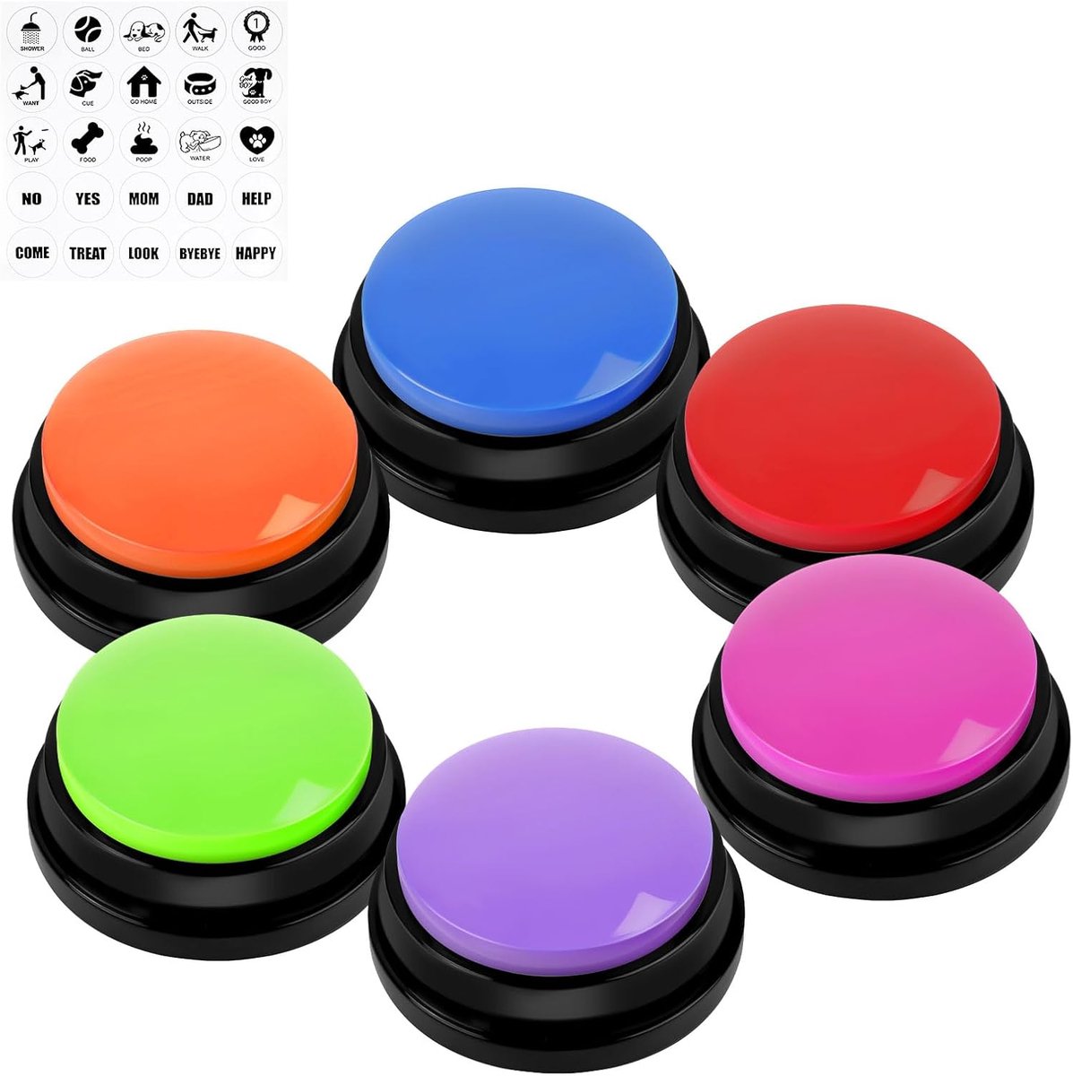 Knopen voor honden, 6 stuks knoppen voor hondentraining, set met knoppen voor honden met stickers, opname en weergave van 30 seconden, rubberen mat voor honden en huisdieren