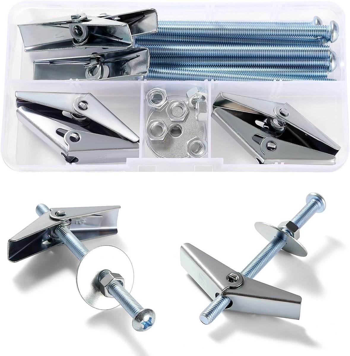 Sets M5 Spring Toggle Fixings, Wing Spring Toggle Bolt, Toggle Bolt en Wing Nut Assortiment Kit, met Zeskantmoeren, Ringen, voor Gipsplaat, Spouwmuur, Vezelplaat