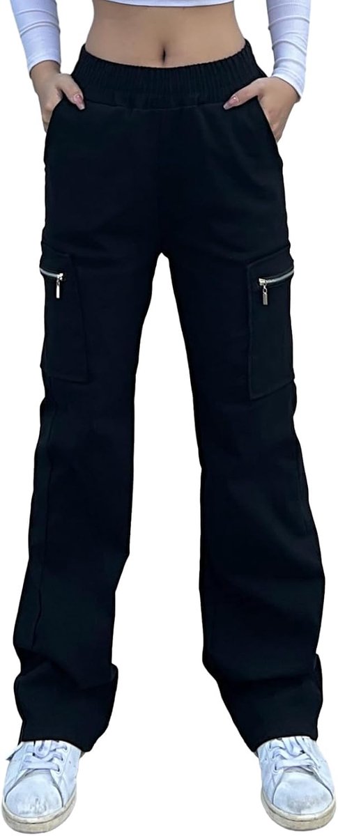 Vrouwen Wijde Pijpen Combat Cargo Broek met Rits Zakken Stretch Hoge Taille Werk Lange Lange Broek Losse Fit Lounge Wear Y2K Tiener Meisjes Streetwear Casual