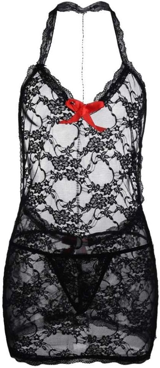 Sexy dames erotische lingerie Porno Dames Erotische Lingerie Perspectief Backless String Verleiding Kanten Beha Sexy Nachthemd Set-Black_M
