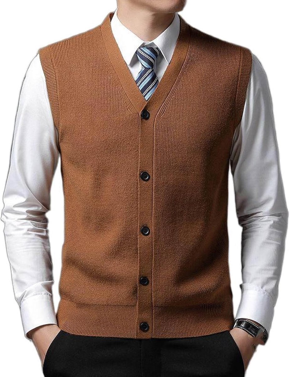 Mouwloos Vest Met V-Hals, Jeugdmode Heren Gebreid Vest Bovenkleding Casual Trendy Trui, Klassiek Zakelijk Heren Gebreide Vest Trui Vest Tanktops, Bruin, S
