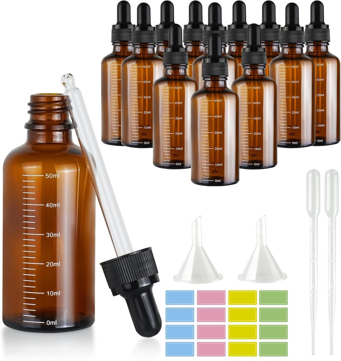 Verpakking van 12 pipettenflesjes 50 ml: bruine glazen fles anti-UV, apotheekfles met 2 trechters, 2 pipettenaalden, 2 stickers, druppelfles voor essentiële olie, parfumoliën, aromatherapie