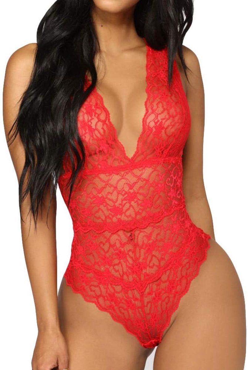 Erotisch Dames Ondergoed Porno Lingerie Nachtkleding Diepe V Nachtkleding Kanten BH Temptation-Red_XL