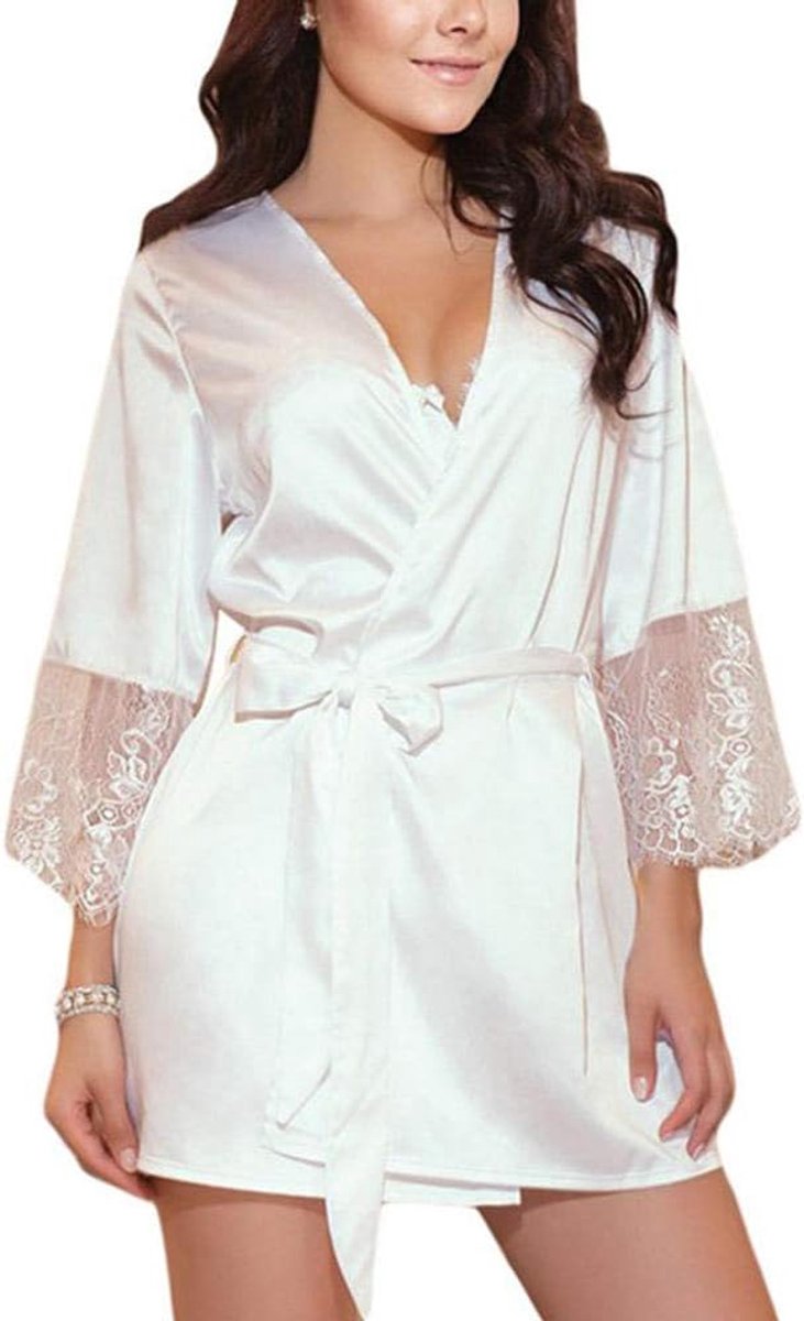 Lingerie Dameslingerie Sexy set kanten Kimono nachtkledingVrouwen Sexy Zijden Kimono Satijnen Kamerjas Badjas Kant Lingerie Nachthemd-Wit_L
