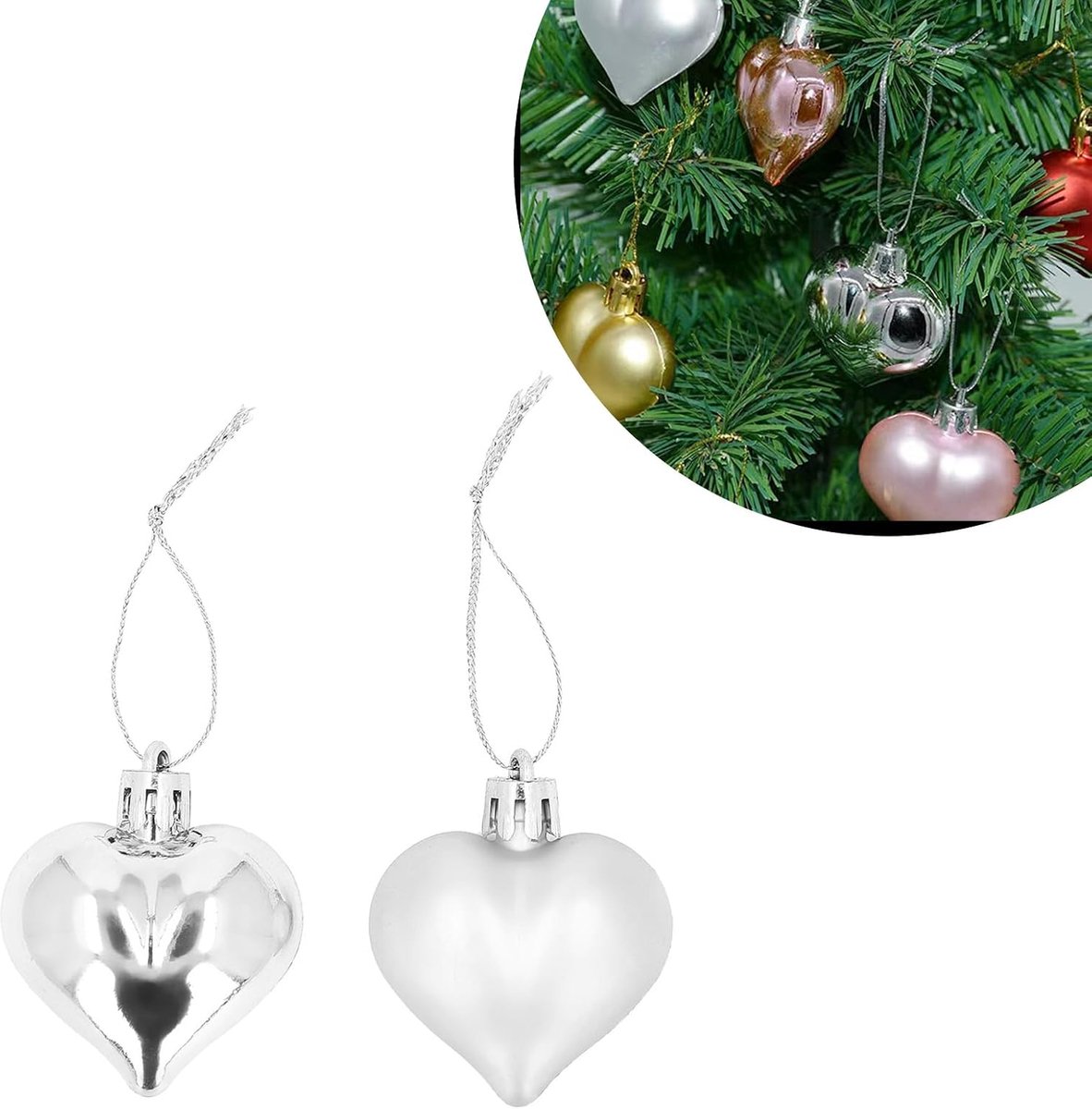 Kerstballen glanzende en matte hartvormige kerstballen voor kerstboomdecoraties, hartvormige kerstballen, harten, kerstversiering, hangende boomhangers, 4,5 cm (zilver)