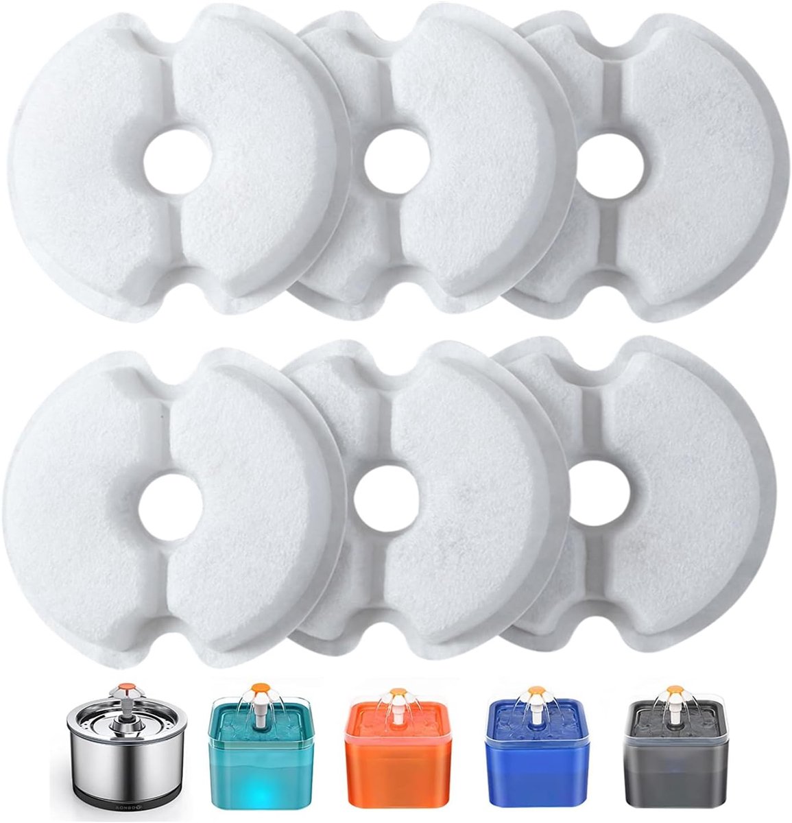 Kattenfontein -6 stuks, filter voor kattenfonteinen/honden, 2 l & 2,5 l, 67-84 oz, met actieve kool en hars, drievoudige filtratie