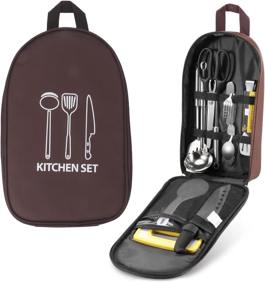 1 stuk bestektas Camping, 2-weg ritssluiting, Ingebouwd netvak, opbergbox voor picknickbenodigdheden, Geschikt voor het opbergen van outdoor kookgerei (Koffiebruin)