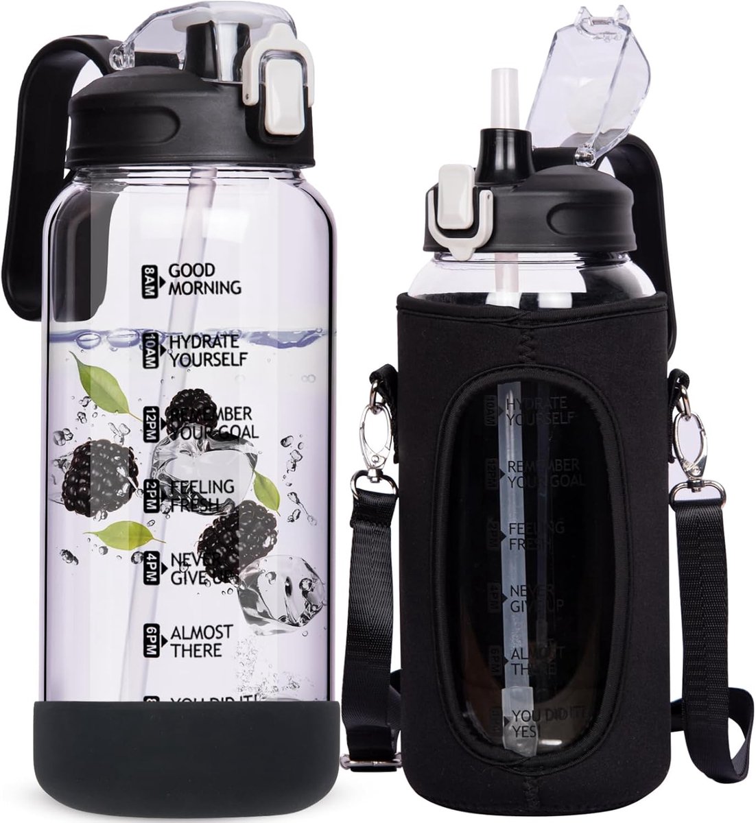 Waterfles van 2 liter met rietje en tijdmarkeringen - grote lekvrije motiverende drinkfles, grote kruikkan met deksel, BPA-vrije karaf