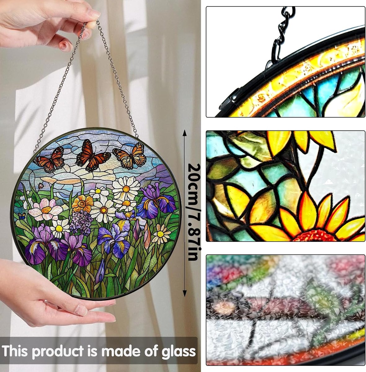 Bloem Gekleurd Glas Hangend - Vlinder Hangende Raamdecoratie - voor Tuin, Raam en Deur, Verjaardag voor Vrouwen, Handgemaakte Suncatcher Decoratie 20x20 cm