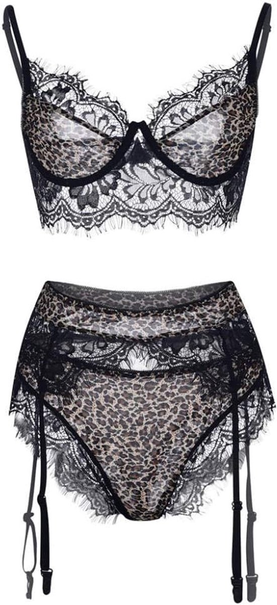 Lingerie Dameslingerie Sexy Dames Lingerie Leopard Lace Kousenband Slips Verleiding Perspectief Ondergoed Erotische Set