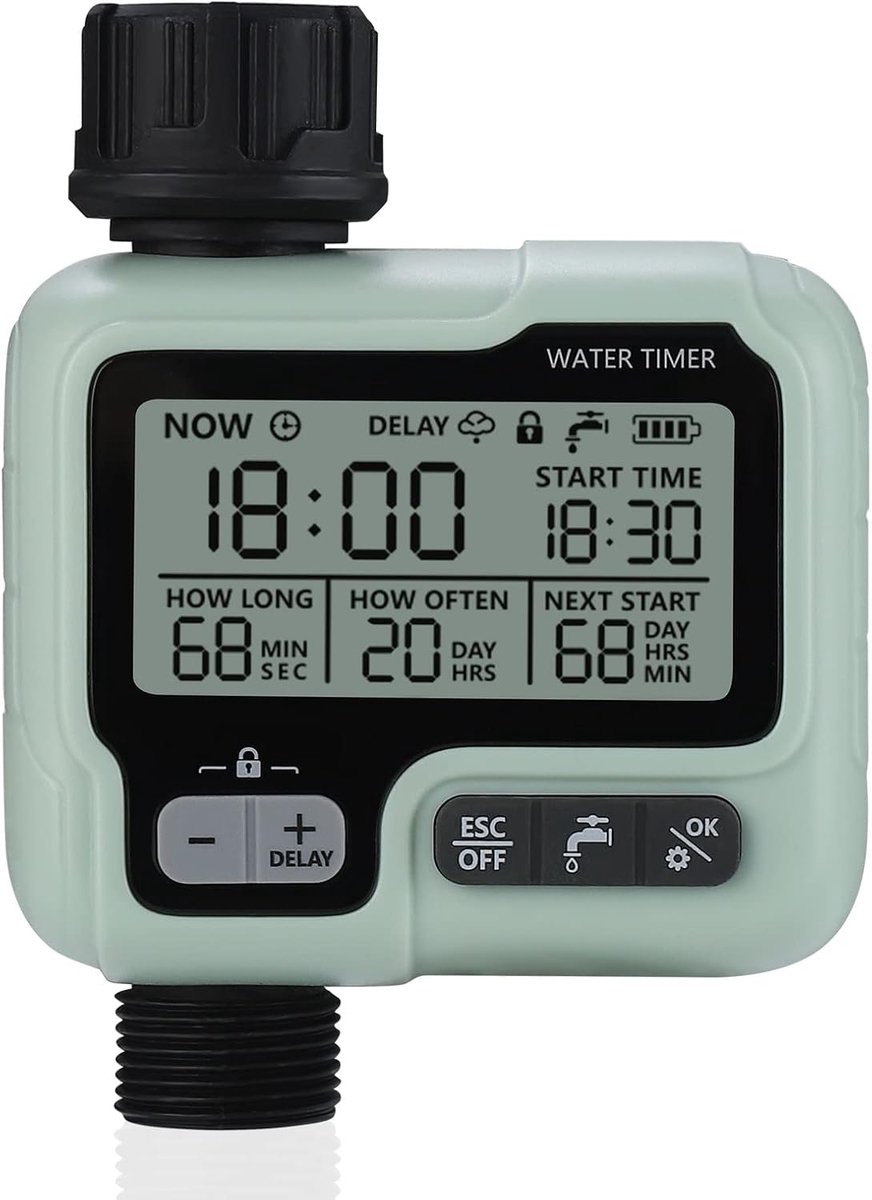 Tuin-gazonwaterkraan, sprinklertimer, irrigatiesysteem, kinderbeveiliging, automatische en handmatige modus, regenvertraging, IPX5 waterdicht