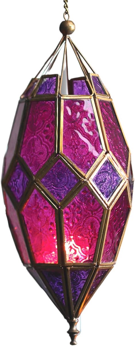 Stijl hangende glazen theelicht lantaarn (groot paars/roze)