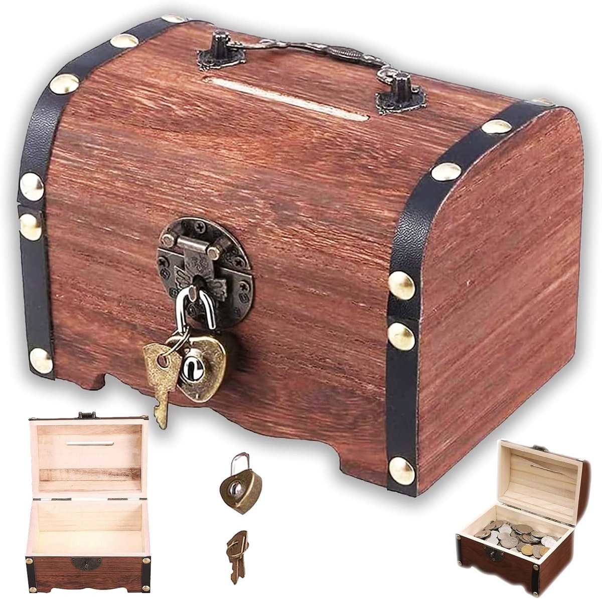 Vintage van hout, 14,5 x 10 x 9,5 cm, slot, opslag van hout, kleine mini-kist voor opslag en decoratie