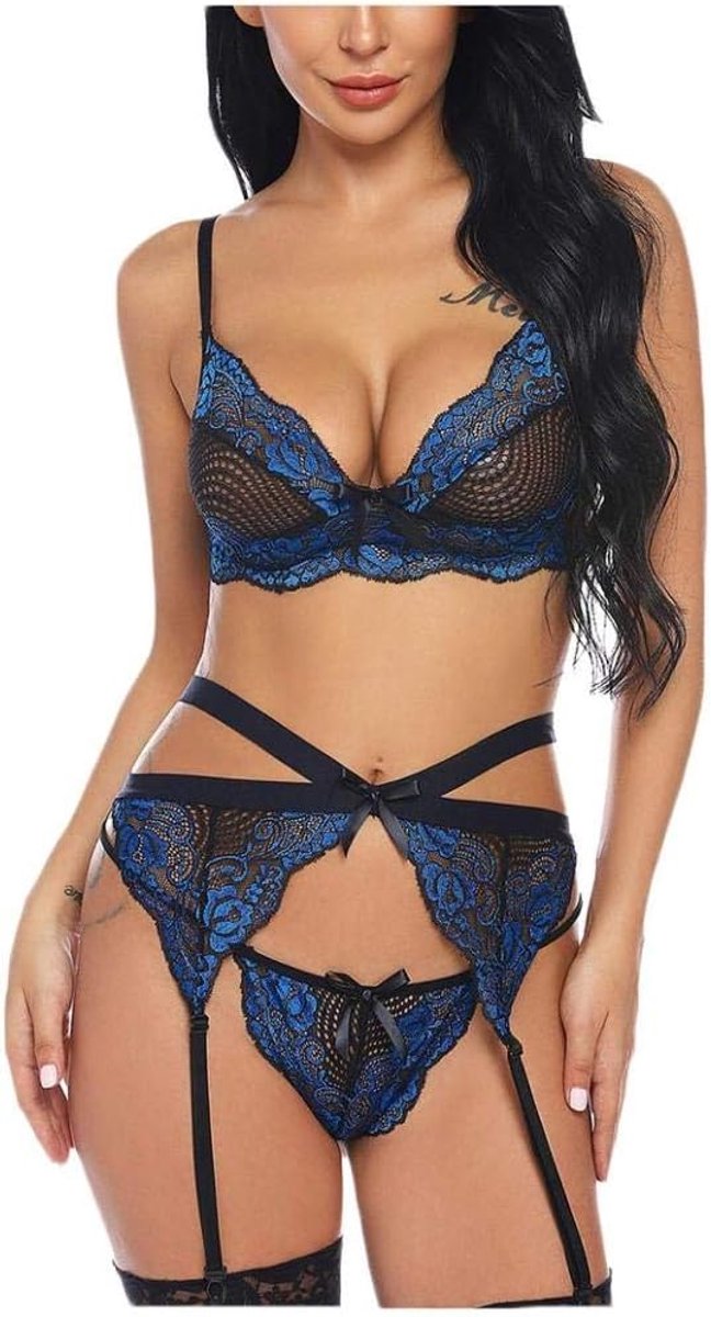 Sets met nachtmode & ochtendjas Vrouwen sexy lingerie transparante kanten beha string kousenband kostuums set-blue_XXL