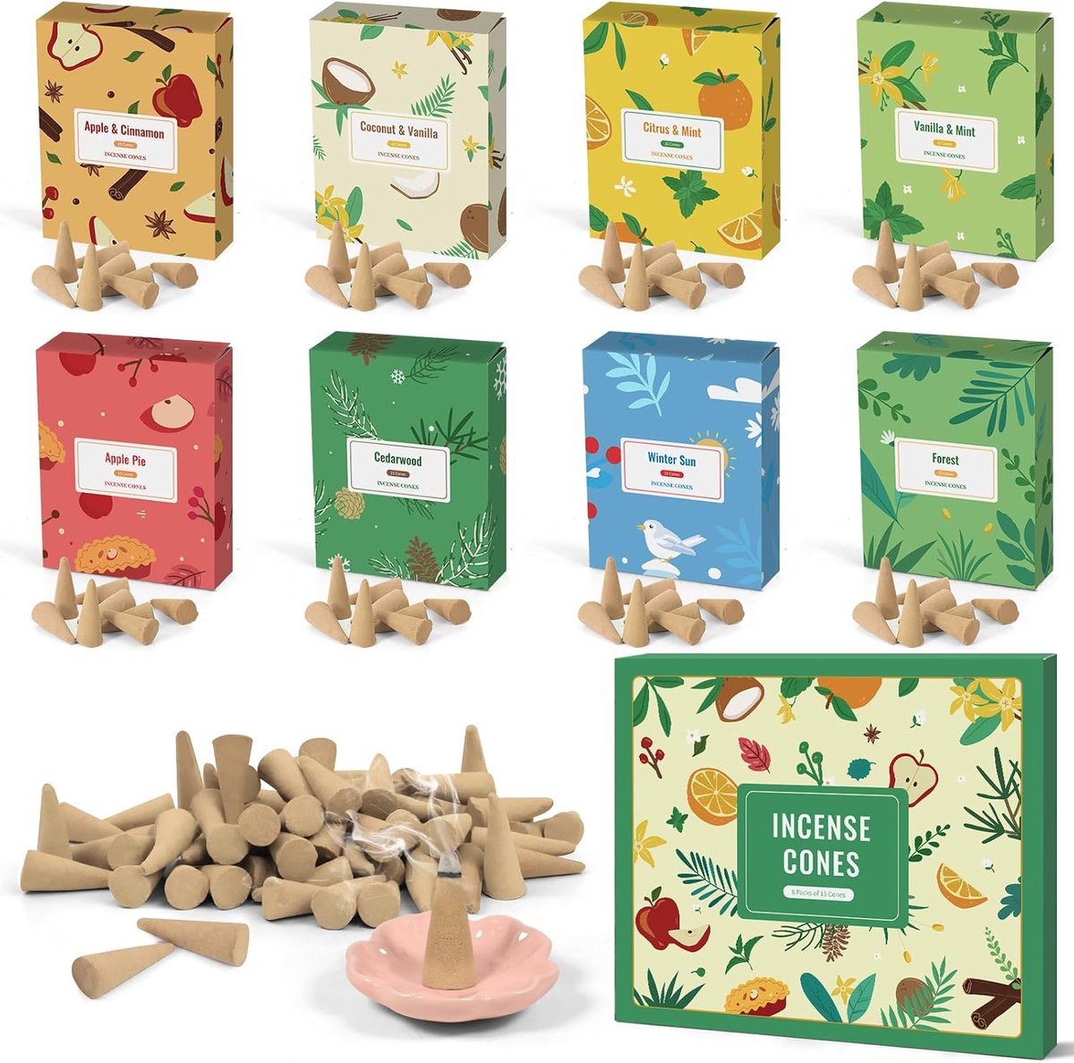 Wierookkegels, 8 geuren, 120st, Natuurlijke Wierook voor Meditatie Yoga Zuivering Ontspanning, Kokosnoot en Vanille, Appeltaart, Bos, Cederhout...