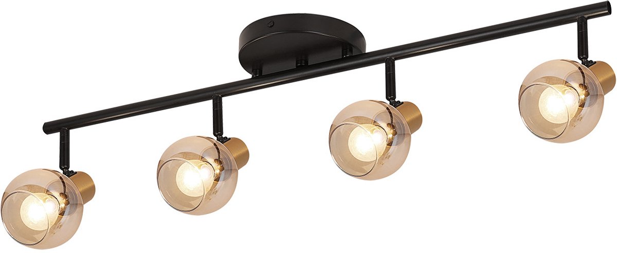 Osira plafondlamp balkvorm, zwart staal en amber glas, 4x E14 (excl.), 790 x 180 mm, IP20