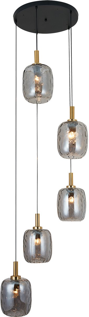 OKIRU pendellamp 5xE27 zwart, 5x glazen kap as grijs Ø180mm, armatuur Ø400mm, dimbaar, IP20