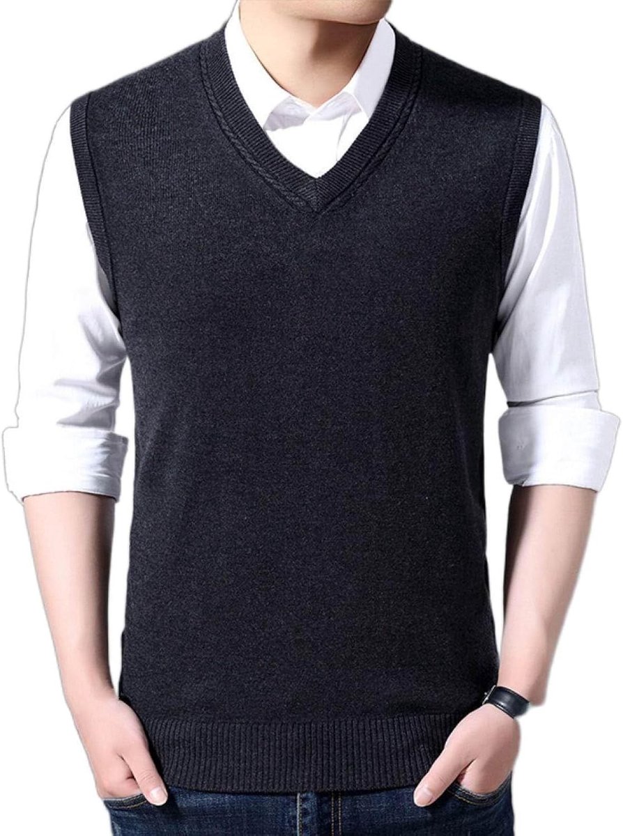 Jeugd Heren Vest Met V-Hals, Klassieke Slanke Mouwloze Pullover Trui Effen Kleur Jacquard Gebreid Vest, Casual Business Gentleman Knitwear Vest Sweater Tank Tops,Donkergrijs,S