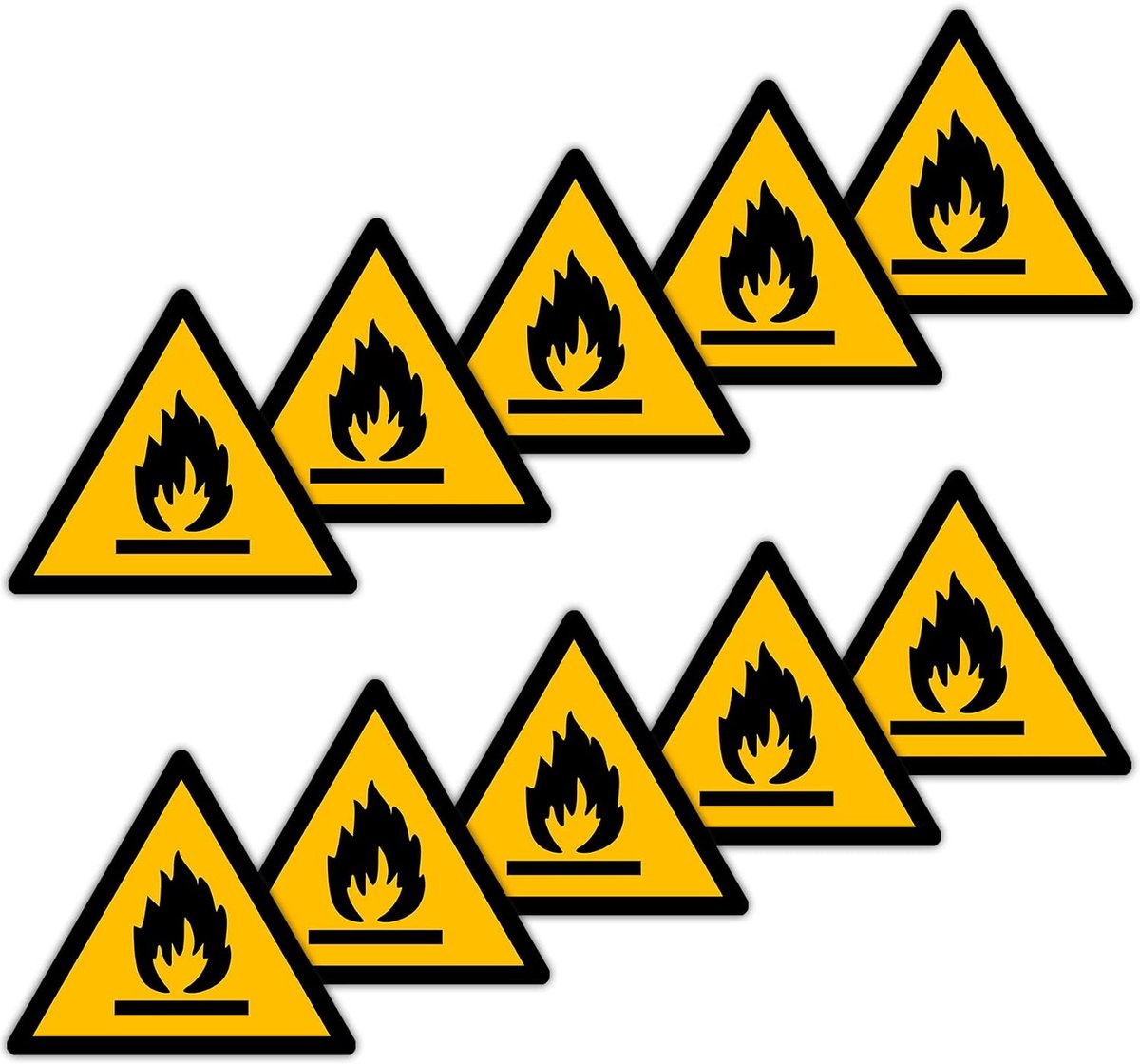 Ontvlambaar materiaal / schild driehoek W021 goedgekeurd, ASR A1.3, DIN EN ISO 7010 polyester geel zwart (50mm - 10 stuks)