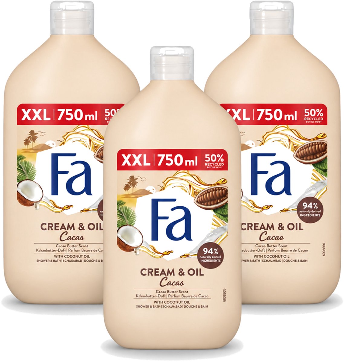 3 x Fa - Cream & Oil Cacao - Bad- & Douchegel - Cacaoboter Met Kokosolie - 750 ml - Voordeelverpakking - 3 stuks