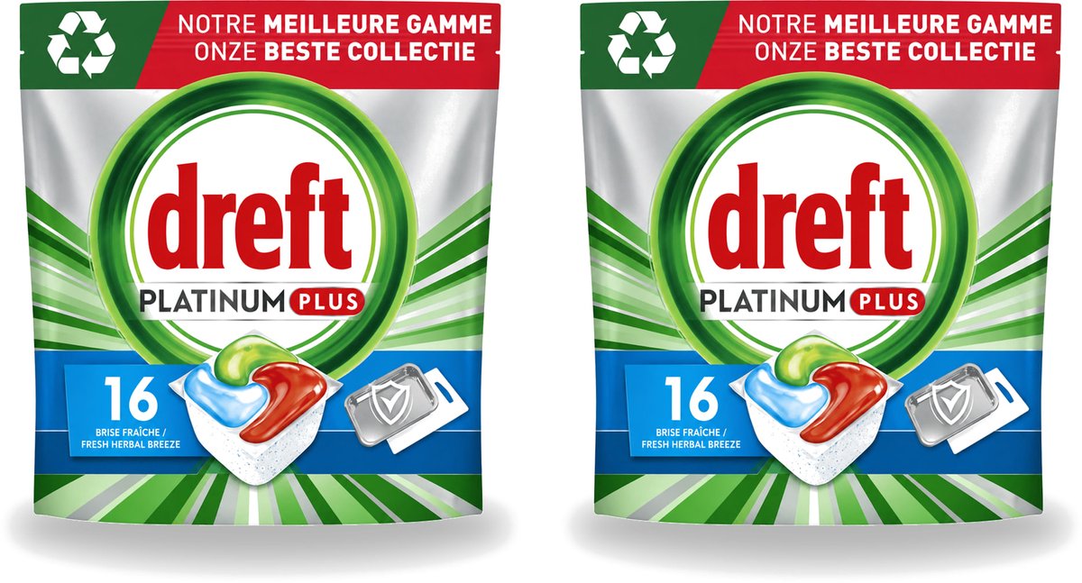 2 x Dreft Platinum Plus - All In One - Vaatwascapsules - Fresh Herbal Breeze - 16 Afwasbeurten - Voordeelverpakking - 2 stuks