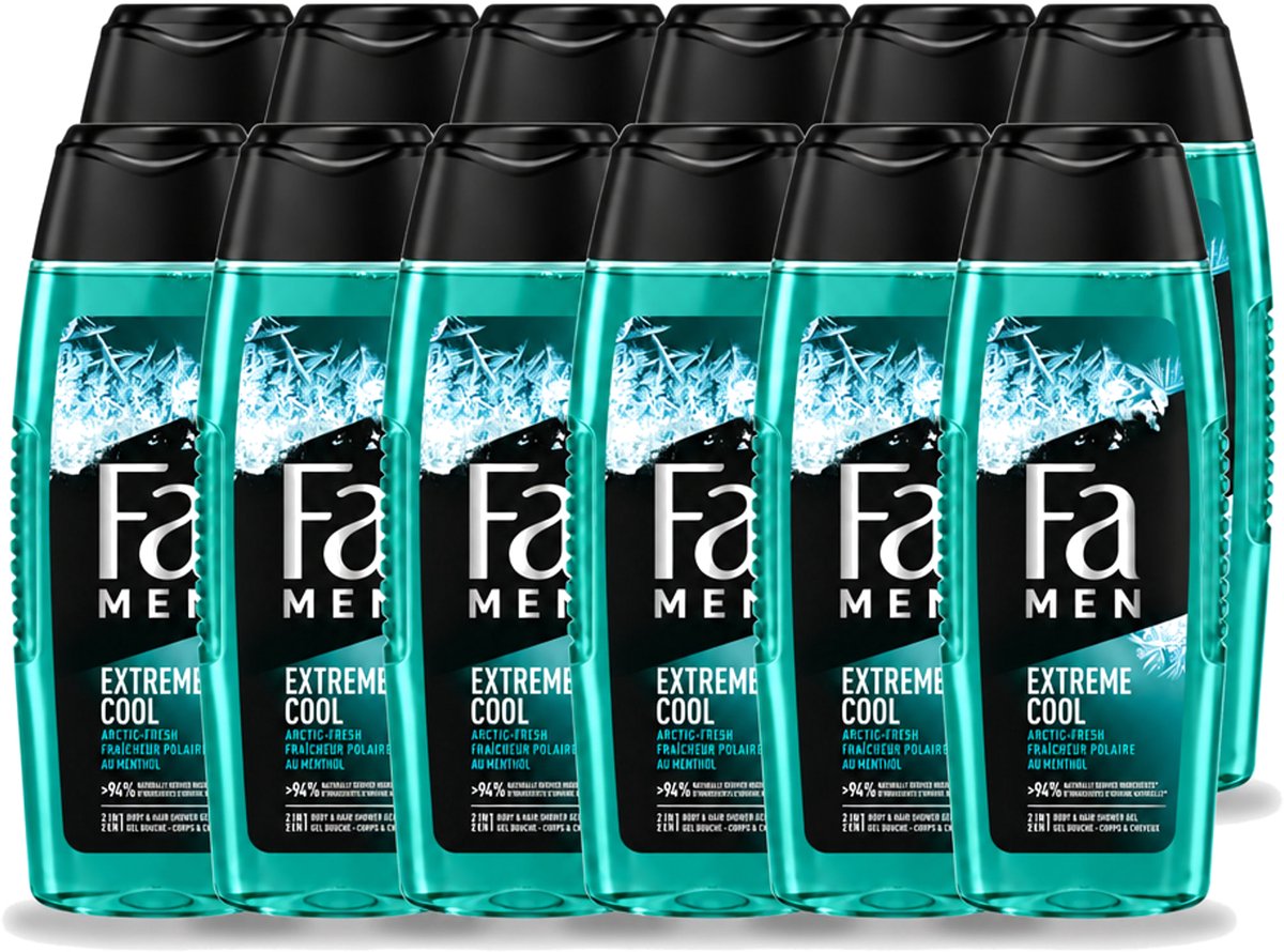 12 x Fa Men - Extreme Cool - 2 in 1 Douchegel & Shampoo - Menthol - 250 ml - Voordeelverpakking - 12 stuks