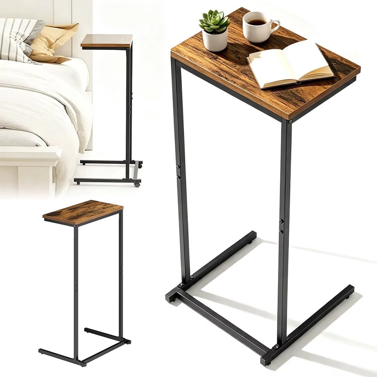 Whoopr® C-Vormige Bijzettafel 20 × 40 × 72,5 cm – Smalle Banktafel met 4 Opbergplanken & Verstelbare Voet – Ruimtebesparende Bedtafel voor Bank & Slaapkamer – Bruin