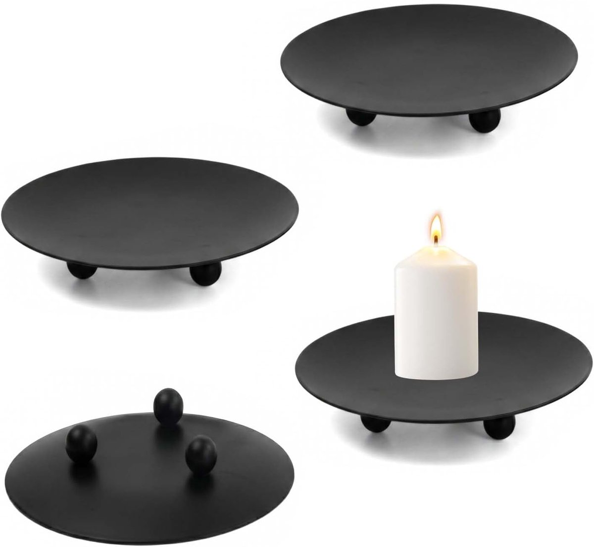 4 stuks kaarsenhouders voor stompkaarsen, 9 cm, kaarsenbord, metaal, zwart, retro kaarsenonderzetter, kaarsenschaal voor Kerstmis, feesten, bruiloftsdecoratie en woondecoratie