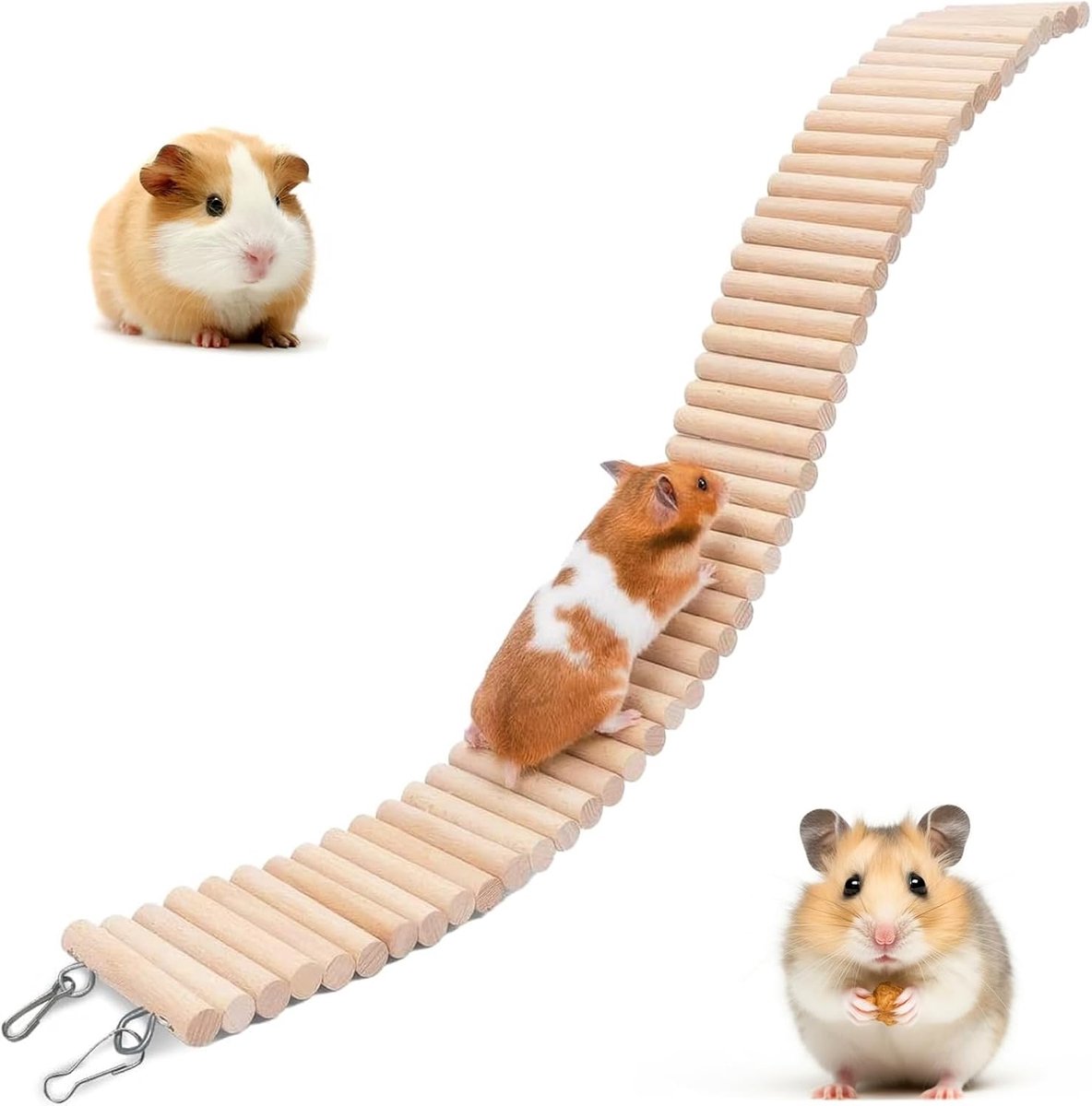 60 x 8 cm Buigbare Hamster Houten Omheining Houten Brug voor Kleine Dieren Houten Hangbrug voor Cavia's, Muizen, Gerbils, Papegaaien, Chinchilla en Andere Kleine Dieren