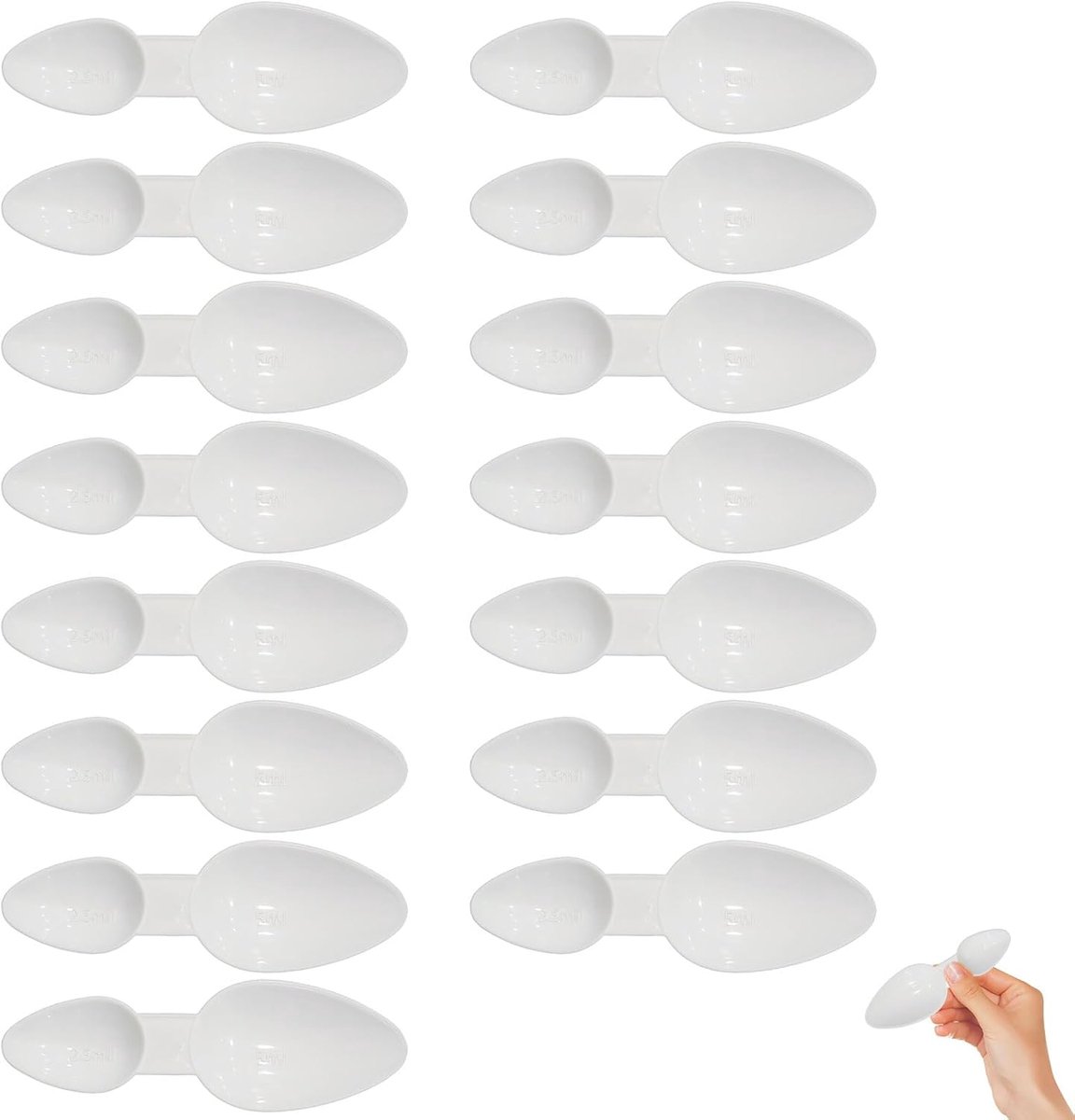 15 stuks dubbelzijdige kunststof lepels 2,5 ml/5 ml medicijnlepel, mini-lepel voor eiwitten, melk, koffie, waspoeder, vloeistoffen, nauwkeurig keukengerei (wit)