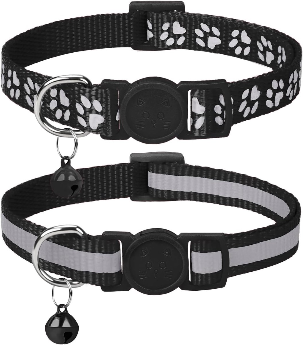 Reflecterende kattenhalsband met bel en veiligheidsontgrendeling, 2-pack meisje jongen huisdier kitten halsbanden verstelbaar 19-32 cm zwart