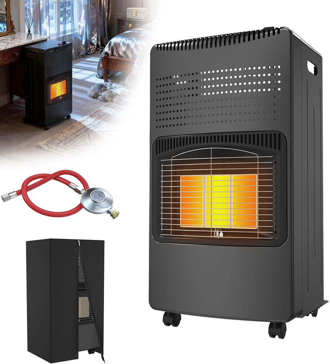 Froadp Gasverwarmingsstraler,Zwart, met ventielkop nr. 3,3 verwarmingsstanden, voor ruimtes tot 70 m², piëzo-ontsteking, ODS-beveiliging, verplaatsbaar met 360°-wieltjes voor garage en serre
