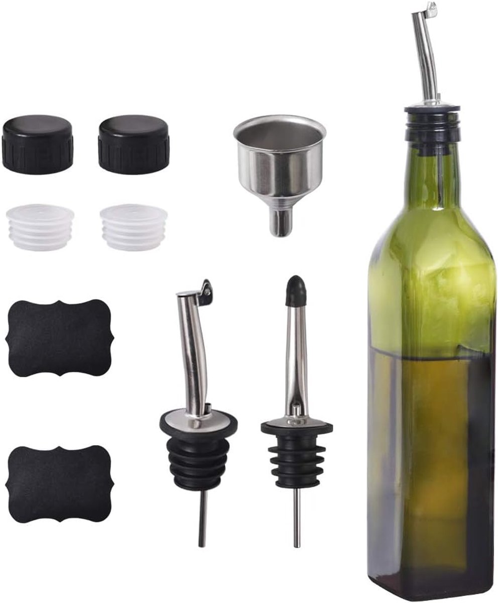Olijfoliefles, 500 ml, glas, olie, azijn, rauw met schenktuit + trechter, olie, karaf, voor keuken, groen