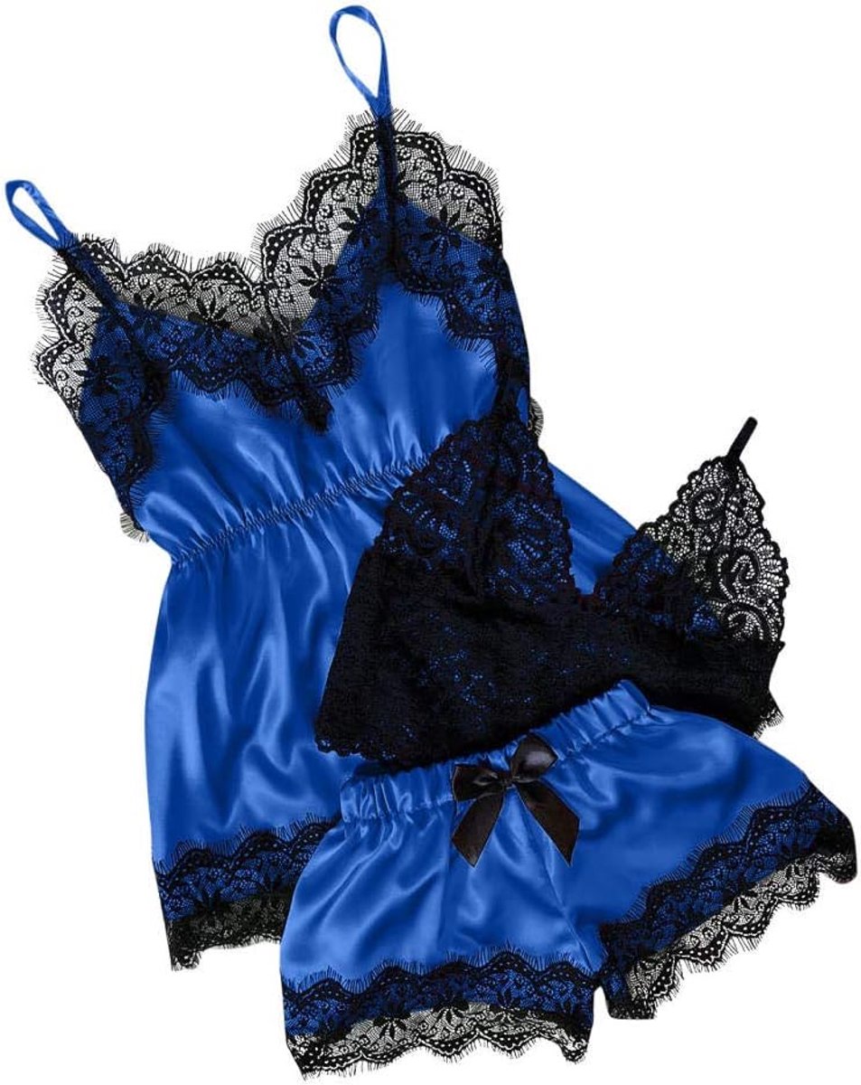 Nachtkleding kant lingerie nachtjurk lingerie sexy jurk met string voor damesPyjama Dames Pijamas Effen Kleur V-hals Sexy Nachtkleding Vlek Hemdje Strik Shorts Pyjama Set-A_XL