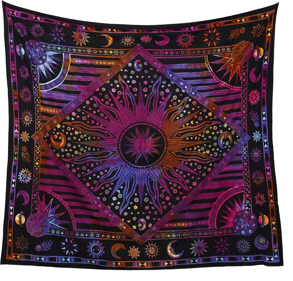 Handicrafts Wandtapijt om op te hangen, hippie, zon en maan, brandend, meditatie, bohemien, hippie, psychedelisch, Indiaas patroon, sprei, 140 x 150 cm, meerkleurig, Tie Dye