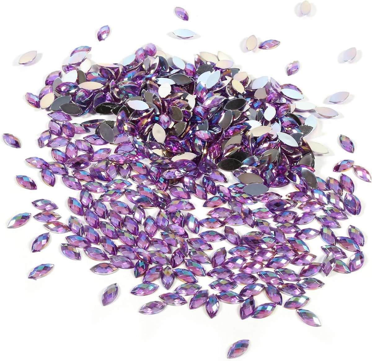 500 stuks platte -steentjes, 7 x 15 mm, kristal AB waterdruppels, acryl kristal met speciale effecten, 5 kleuren optioneel (paars)