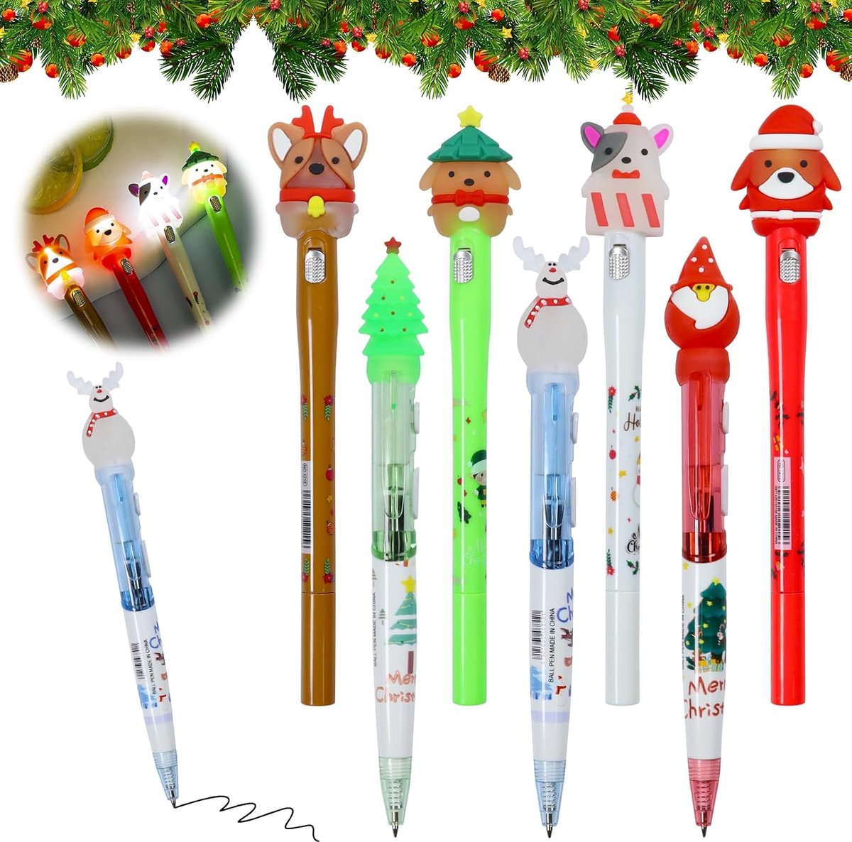 7 stuks kerstbalpen, intrekbare balpen, gelpen, kerstfeest, cadeaucadeau, kerstbalpen voor kinderen, drukbalpen, led, kan licht buiten