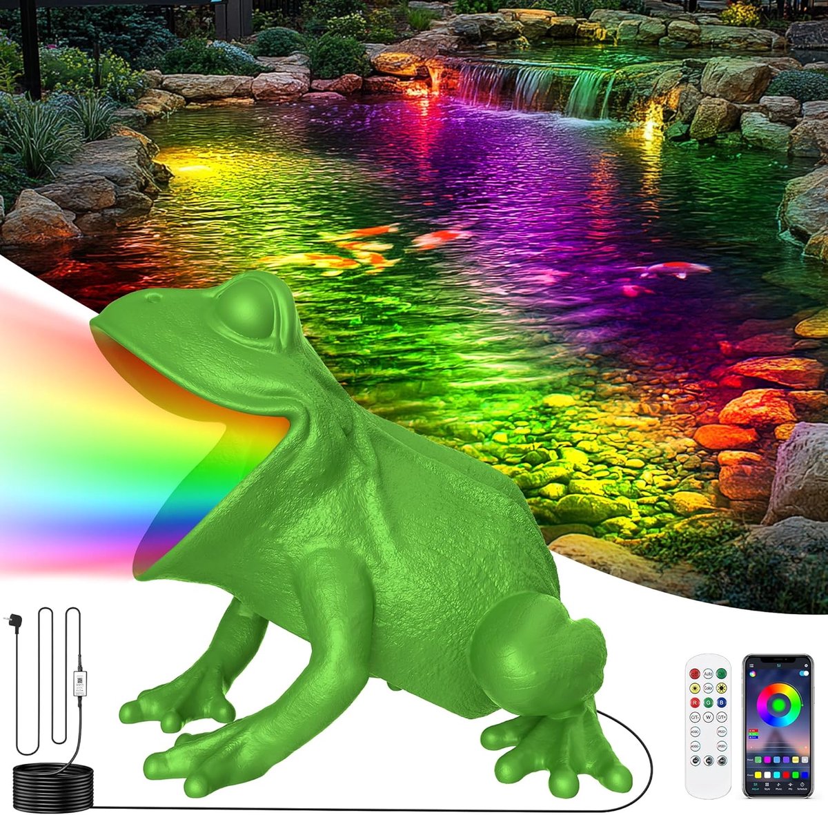 Vijververlichting, led, onderwater met app-bediening, 6 W, kikker, onderwaterlicht, RGB met 12 V transformator, timer, vijververlichting, IP68 waterdicht, voor tuinvijver, waterval, fontein