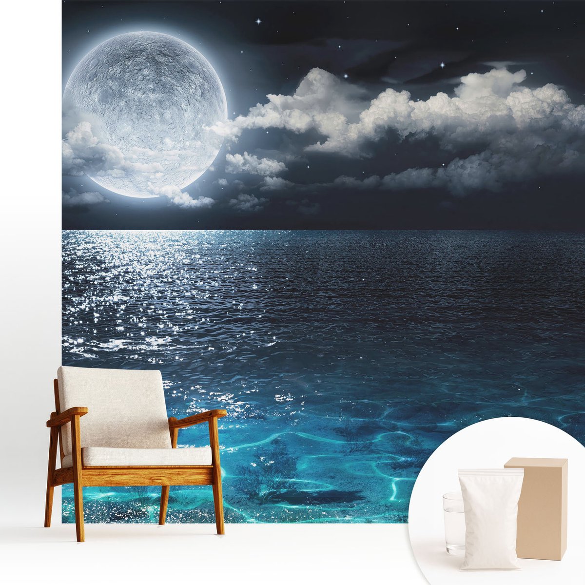 Wallfluent Fotobehang - Blauw Vliesbehang - 250x250 cm - Nachtzee Fotobehang Vlies - Hal behang Landschappen - Muurschildering - Woonkamer behang