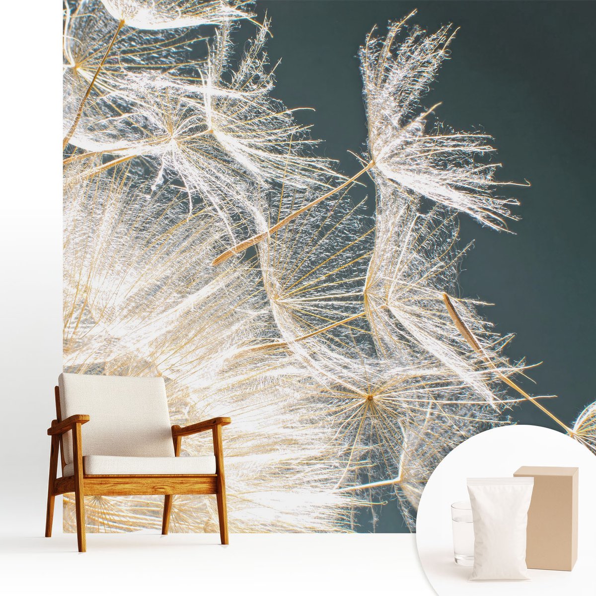 Wallfluent Fotobehang - Wit Vliesbehang - 250x250 cm - Paardenbloem Van Lichtheid Muurschildering - Gang behang Bloemen En Planten - Fotobehang Vlies - Slaapkamer behang