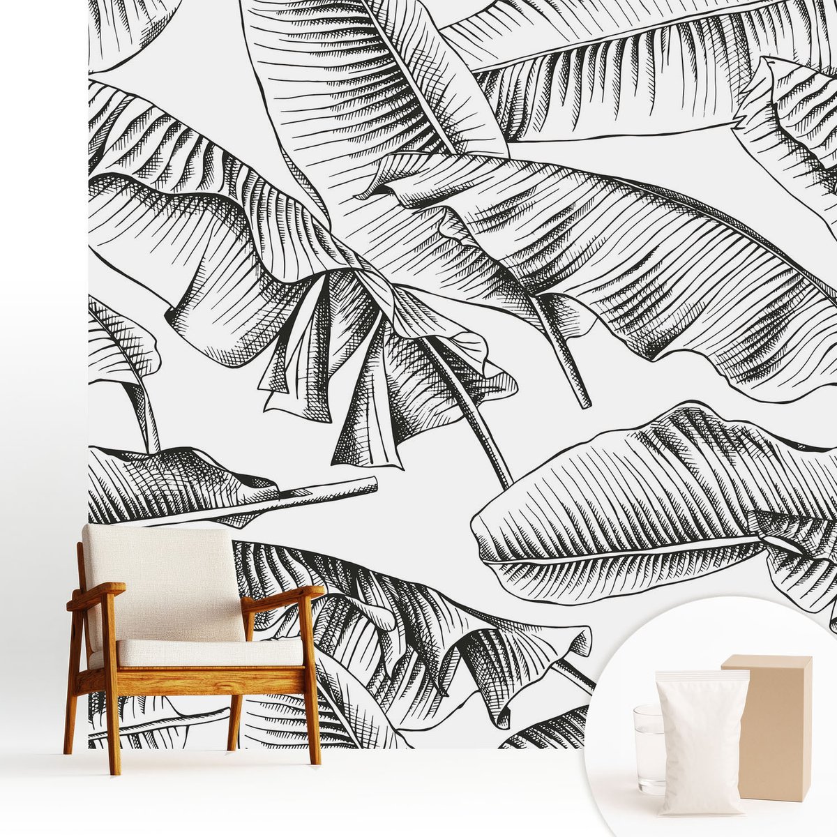 Wallfluent Fotobehang - Zwart-Wit Vliesbehang - 250x250 cm - Bananenbladeren Muurschildering - Gang behang Bloemen En Planten - Fotobehang Vlies - Slaapkamer behang