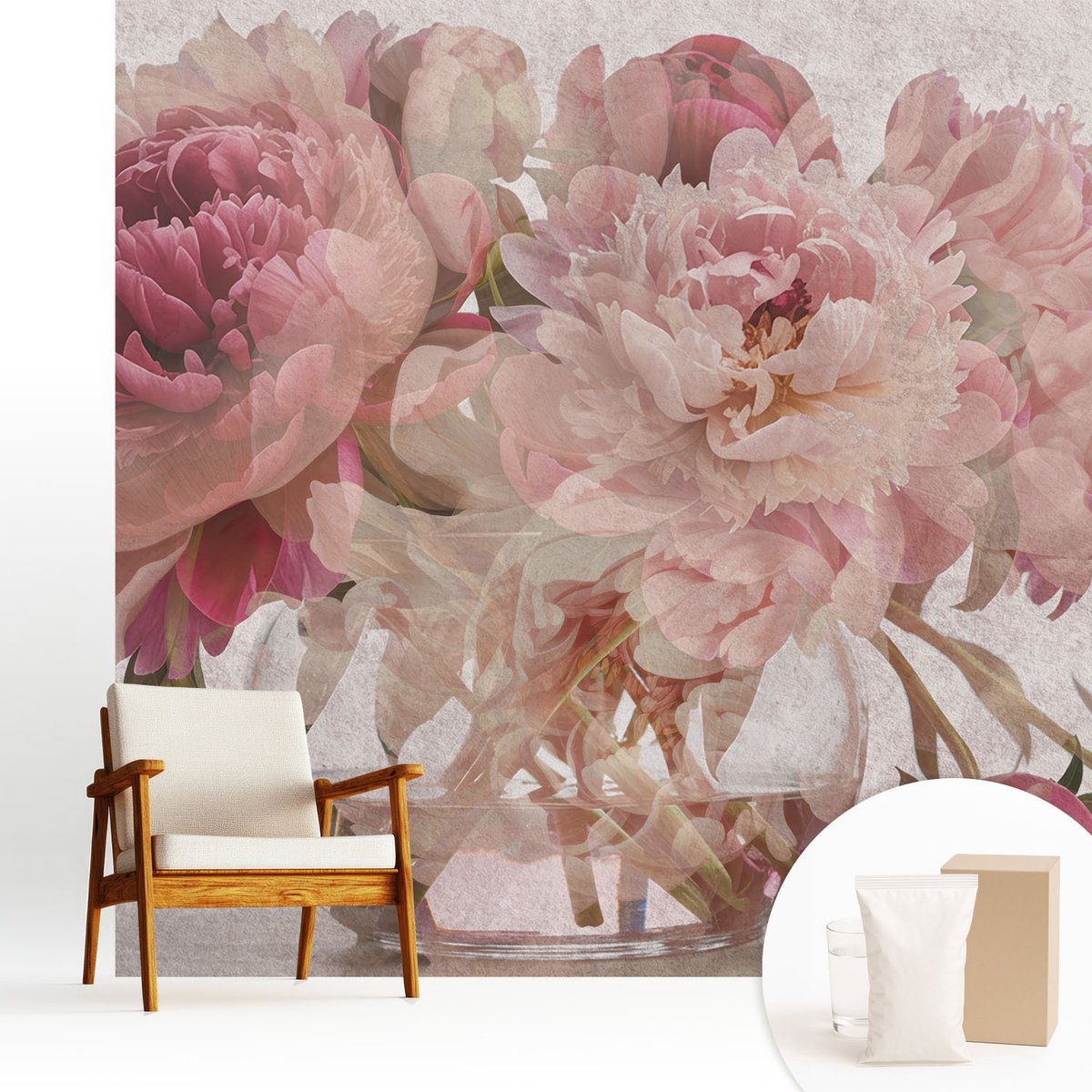 Wallfluent Fotobehang - Roze Vliesbehang - 250x250 cm - Pioenroos Charme Fotobehang Vlies - Woonkamer behang Bloemen En Planten - Muurschildering - Woonkamer behang