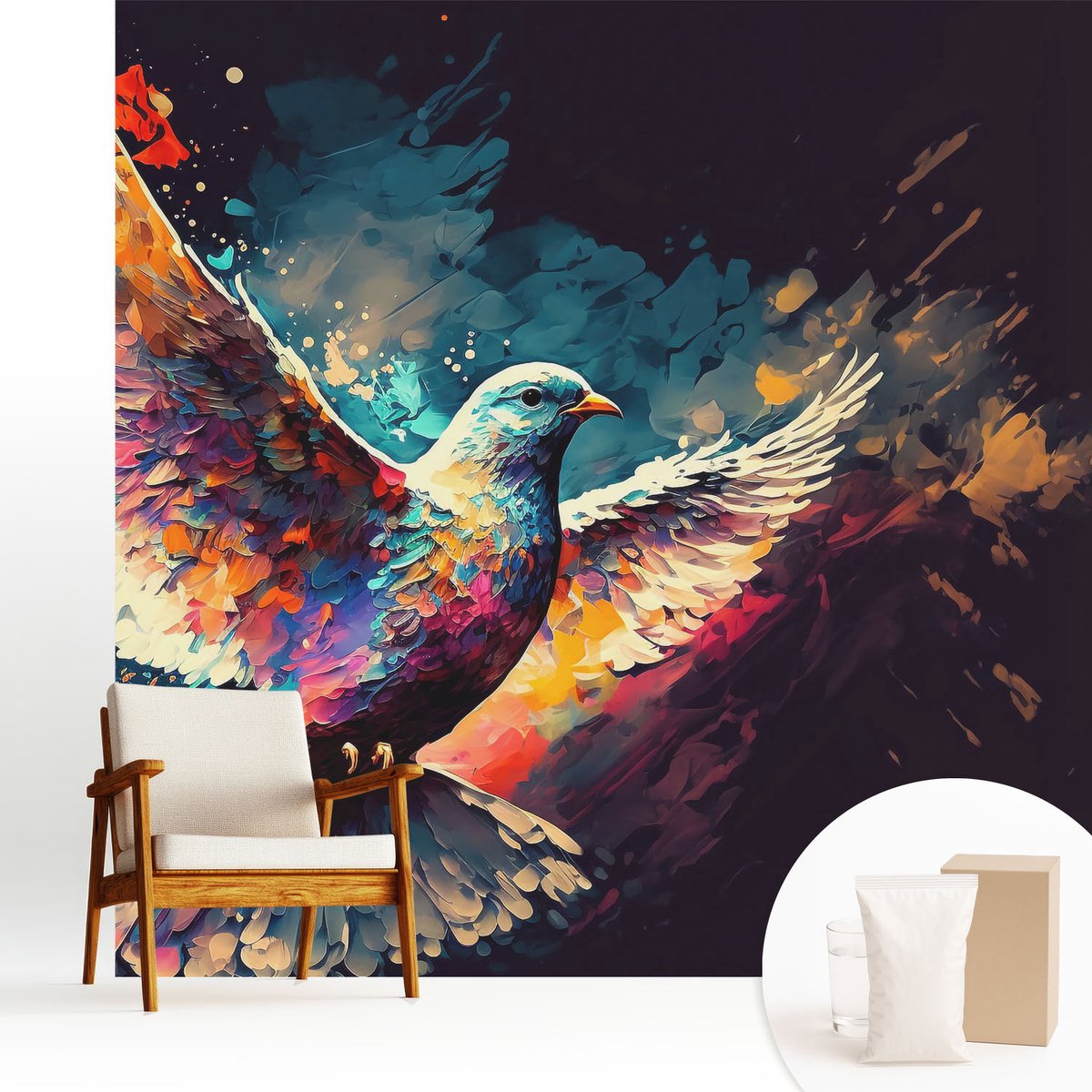 Wallfluent Fotobehang - Blauw Vliesbehang - 250x250 cm - Kleurrijke Vogel Fotobehang Vlies - Hal behang Abstractie - Muurschildering - Woonkamer behang