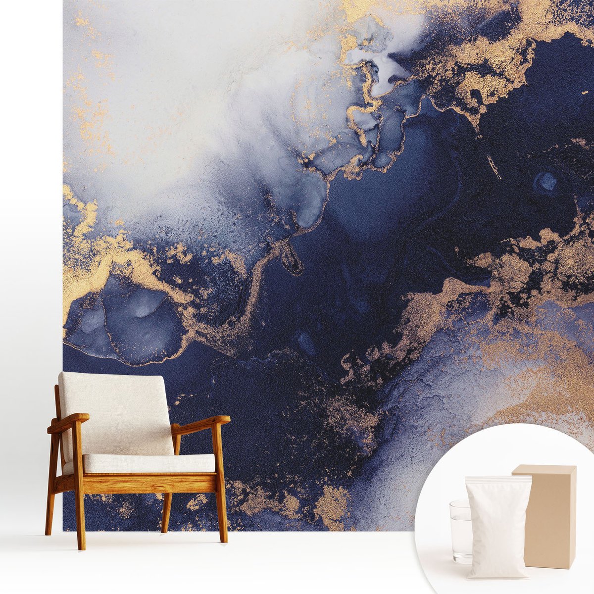 Wallfluent Fotobehang - Marine Vliesbehang - 250x250 cm - Marineblauwe Golven Muurschildering - Slaapkamer behang Abstractie - Fotobehang Vlies - Slaapkamer behang
