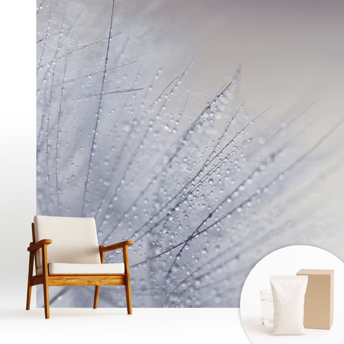 Wallfluent Fotobehang - Wit Vliesbehang - 250x250 cm - Dauwige Paardenbloem Muurschildering - Gang behang Bloemen En Planten - Fotobehang Vlies - Slaapkamer behang