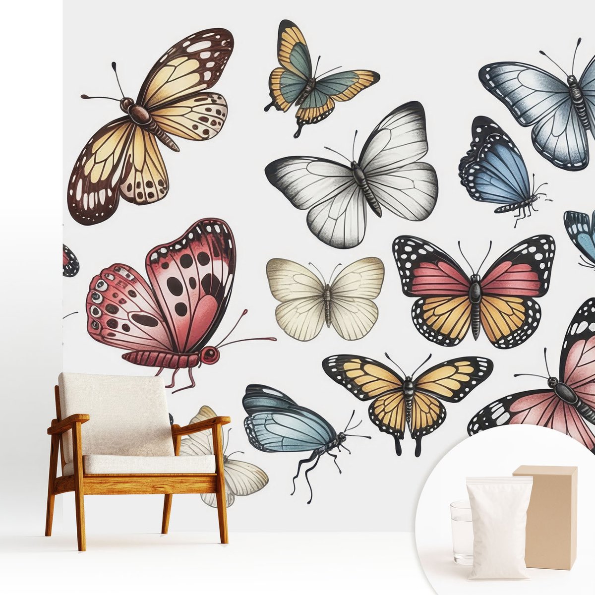 Wallfluent Fotobehang - Wit Vliesbehang - 250x250 cm - Paradijsvlinders Fotobehang Vlies - Hal behang Dieren - Muurschildering - Hal behang